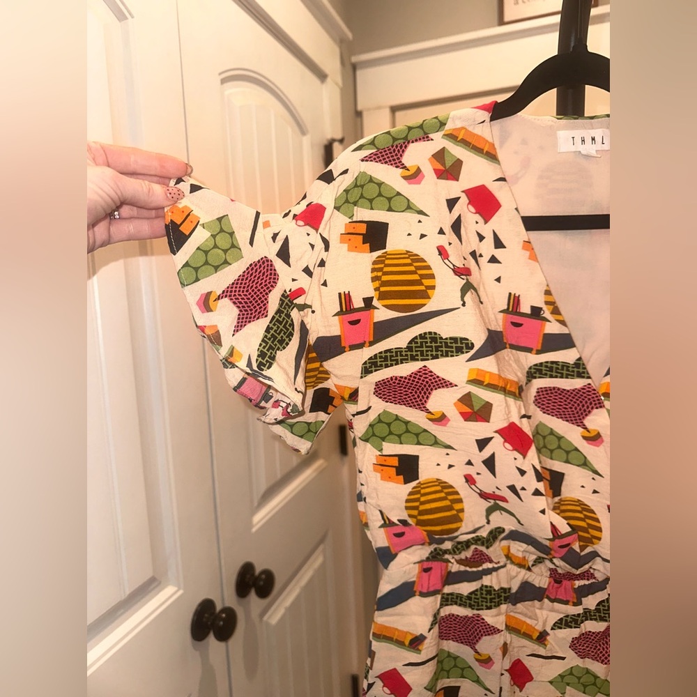 THML Size Small Multicolor Abstract Mini Boutique Wrap Ruffle Dress - Picture 3 of 9